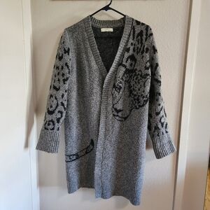 Anthropologie Averie Gray & Black Leopard Long Open Cardigan Sweater - S